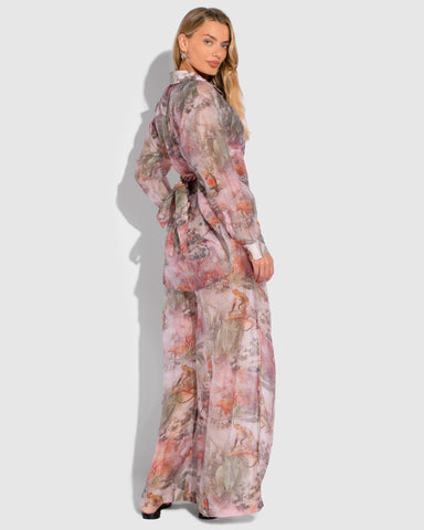 Model is posing in Flowy Oversized Collared Button Front Shirt - Cheeky Monkey and matching pants back view