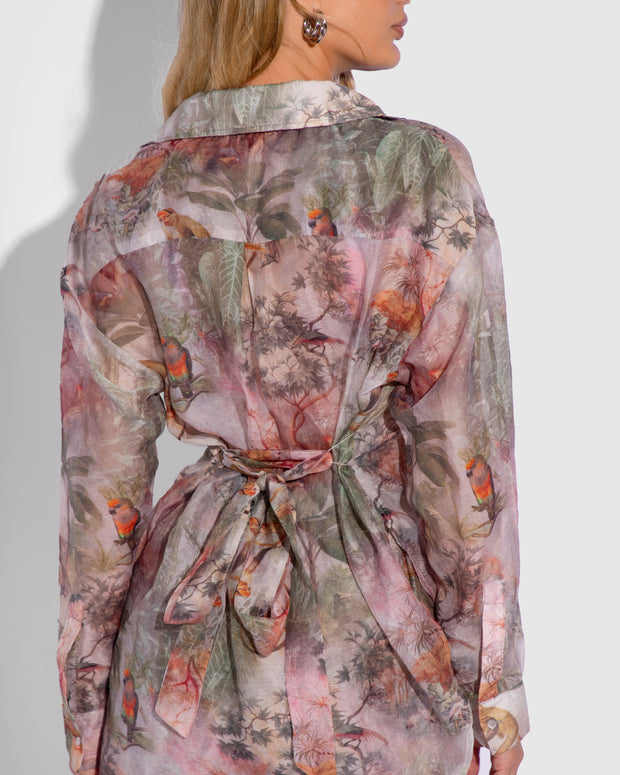 Model is posing in Flowy Oversized Collared Button Front Shirt - Cheeky Monkey close up back