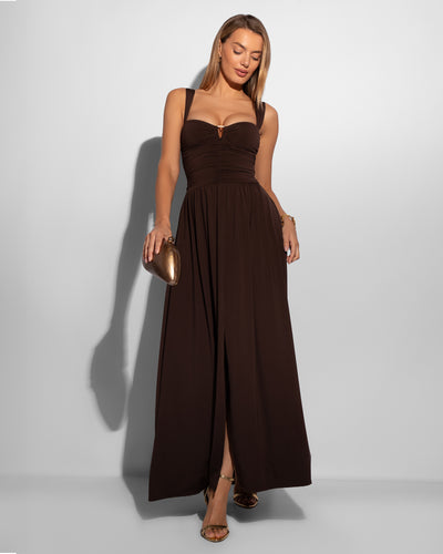 Model Wears Goddessy Maxi Shapewear Dress - Espresso Full Front View showing Front Slit