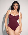 Model wears Lifty - Contour Dark Cherry/Oat One Piece Shapewear Swimsuit full front view
