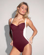 Model posing in Lifty - Contour Dark Cherry/Oat One Piece Shapewear Swimsuit full front view