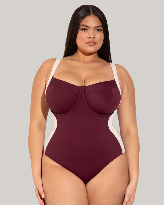 Size L Model wears Lifty - Contour Dark Cherry/Oat One Piece Shapewear Swimsuit full front view