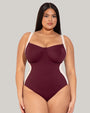 Size L Model wears Lifty - Contour Dark Cherry/Oat One Piece Shapewear Swimsuit full front view