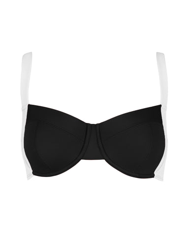 Back view of Lifty Tie Back Bikini Top - Black/White paired with Hi Cut Adjustable Kini Bottom on model