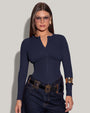 Model is posing in Long Sleeve Corsety Sculpting Shapewear Top - Midnight