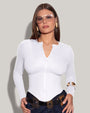 Model is posing in Long Sleeve Corsety Sculpting Shapewear Top - White