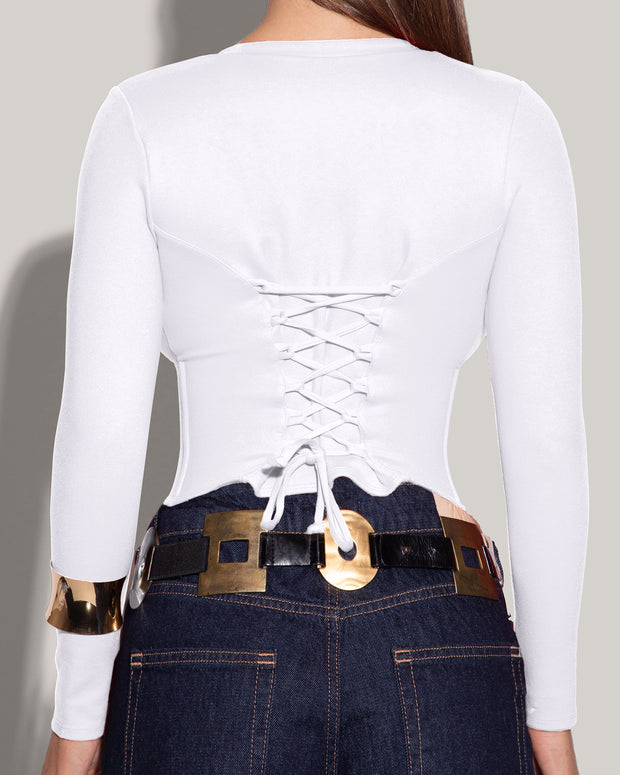 Long Sleeve Corsety Sculpting Shapewear Top - White back view