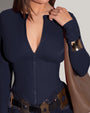 Long Sleeve Corsety Sculpting Shapewear Top - Midnight close up front view