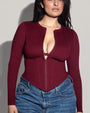 Model is in Long Sleeve Corsety Sculpting Shapewear Top - Dark Cherry close up front unzipped