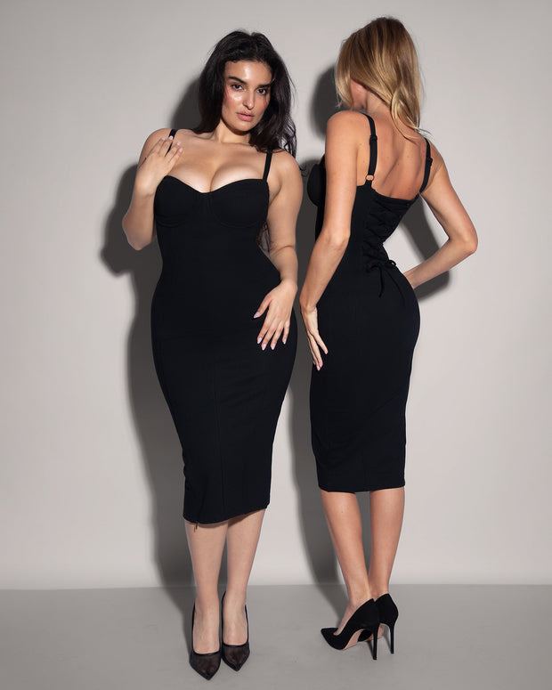 2 Models wear Seamed Lushy Pencil Midi Shapewear Dress - Black front and back view