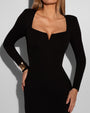 Close up image of Notchy Long Sleeve Midi Dress - Black front view 