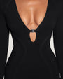Model wears Plungey Long Sleeve Mini Shapewear Dress - Black front close up