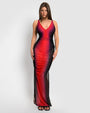 Model wears Ruched Sheer Side Slit Maxi Skirty - Red Ombre and matching color one piece swimsuit front view