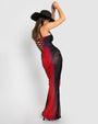 Model is posing in Ruched Sheer Side Slit Maxi Skirty - Red Ombre and matching color one piece swimsuit