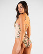 Back view of Plungey Triangle - Contour Pink Rose Leopard/Pinky Oat on body 