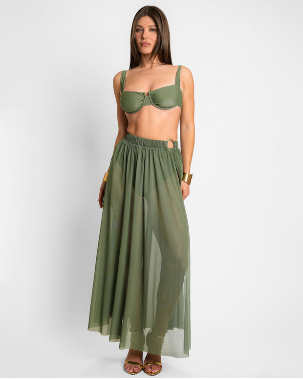 Model wears Ringy Sheer Slit Skirty - Martini Olive Cover Up Midi Skirt front view