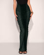 Front view close up of Ruched Sheer Maxi Skirty - Ombre Pine worn sideways to show ruching