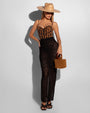 Model wears Ruched Sheer Side Slit Maxi Skirty - Black and Leopard Bombshell