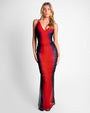 Model wears Ruched Sheer Side Slit Maxi Skirty - Red Ombre and matching color one piece swimsuit