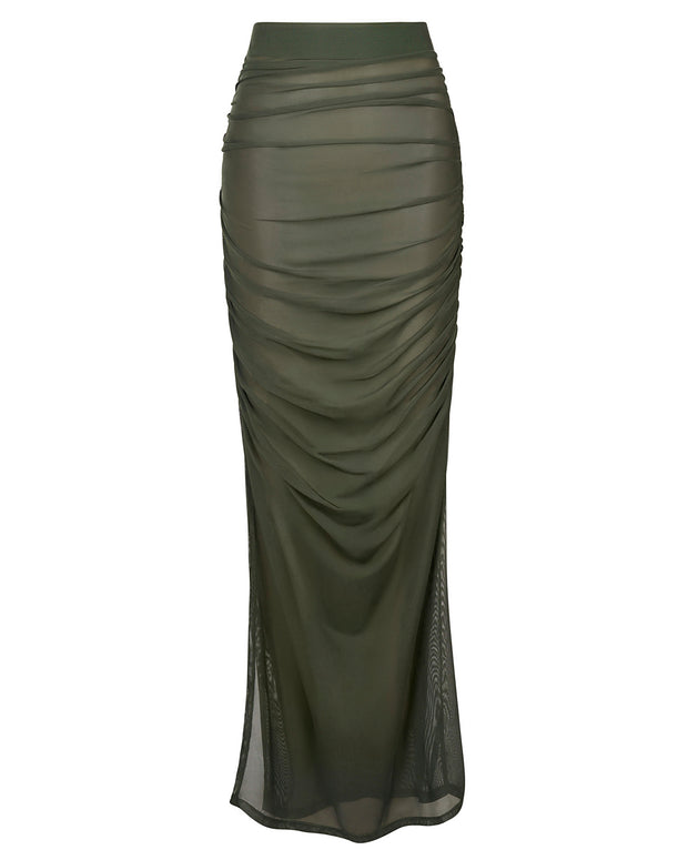 Outline image showing Ruched Sheer Side Slit Maxi Skirty - Fern Green