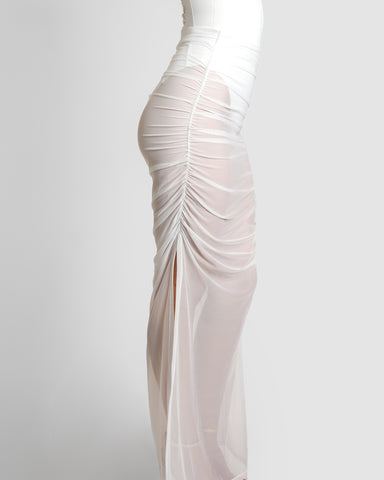Ruched Sheer Side Slit Maxi Skirty - White side view close up
