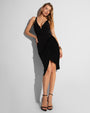 Model wears Sarong Skirty Knee Length Faux Wrap Cover-Up - Black full body front view