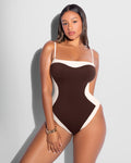 Model wears Sashy One Piece Tummy Control Shapewear Swimsuit - Frame Espresso/Ivory front view