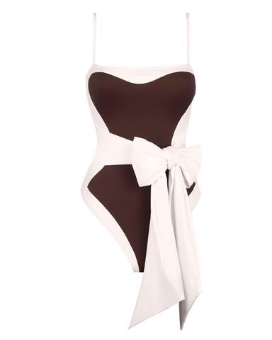 Model wears Sashy One Piece Shapewear Swimsuit - Frame Espresso/Ivory side view
