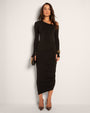Model wears Sculpty One Shoulder Long Sleeve Shapewear Top - Black and a skirt full font view