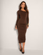 Model wears Sculpty One Shoulder Long Sleeve Shapewear Top - Espresso with a skirt full front view