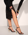 Seamed Midi Stretch Sculpting Shapewear Skirt - Black Lace Side Zipper focus