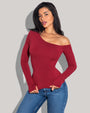 Model is posing in Shapey Long Sleeve One Shoulder Sculpting Shapewear Top - Ruby front view