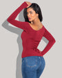 Model is posing in Shapey Long Sleeve One Shoulder Sculpting Shapewear Top - Ruby back view
