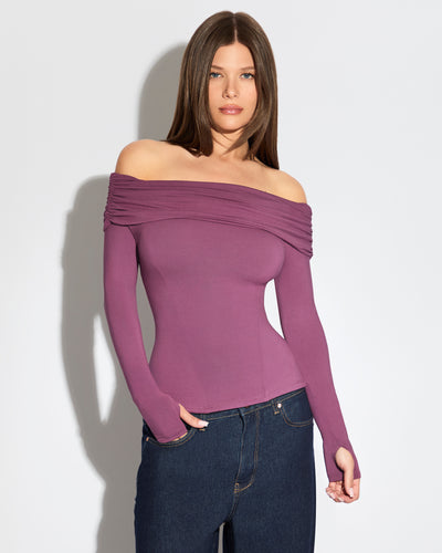 Model wears Shapey Off Shoulder Long Sleeve Corseted Shapewear Top - Grape front view