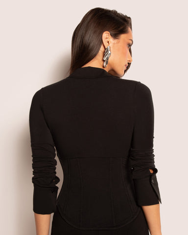 Model wears Shirty Long Sleeve Shapewear Top - Black back view