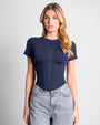 Model wears in Short Sleeve Corsety Sculpting Shapewear Top - Midnight full front view 
