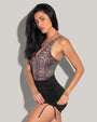 Model is posing in Skirty Waterproof & Sunproof Shapewear Mini Cover-Up - Black and snake ombre one piece side view