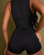 Sleeveless Surfy Shortie Sculpting Shapewear Swimsuit - Black back view close up