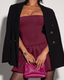 Model Wears Squarey Convertible Bubble Shapewear Mini Dress with a blazer - Burgundy Close Up View