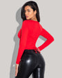 Model wears Corsety Square Neck Long Sleeve Sculpting Shapewear Top - Red back view