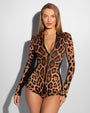 Model wears Surfy Boy Shortie Shapewear Swimsuit - Symmetric Leopard / Black Front View