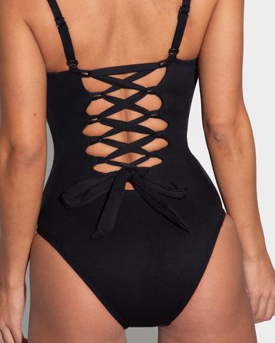 Sweetie Sweetheart Neckline Shapewear Swimsuit - Black open back close up