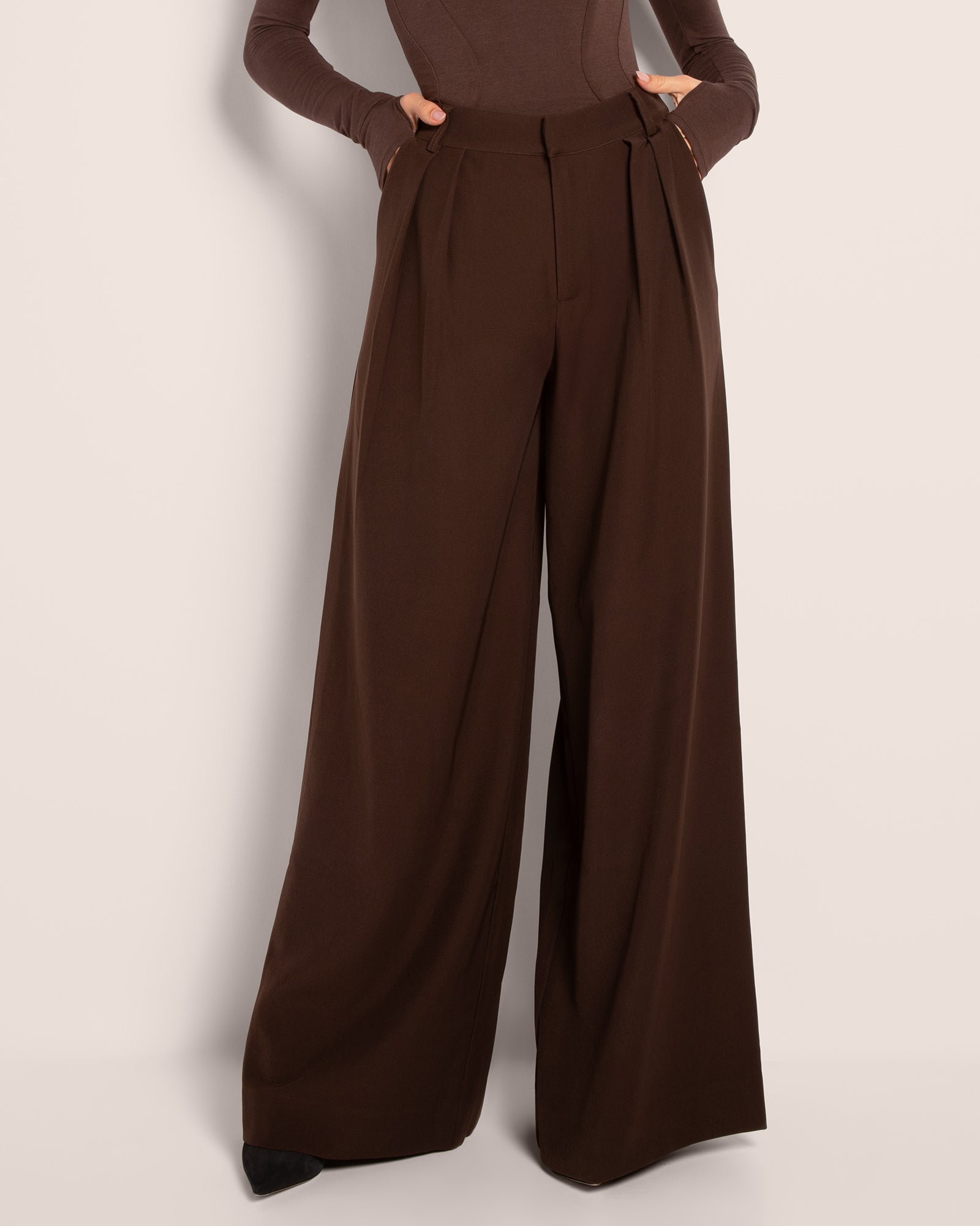 Model wears Pleaty Wide Leg Pleated Pant - Espresso front view