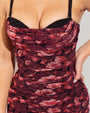 Model wears Sweetie Mesh Column Midi Shapewear Dress - Cranberry Floral molded cups close up