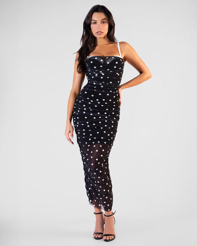 Full body front view of Sweetie Mesh Column Dress - Dot Black/White on model