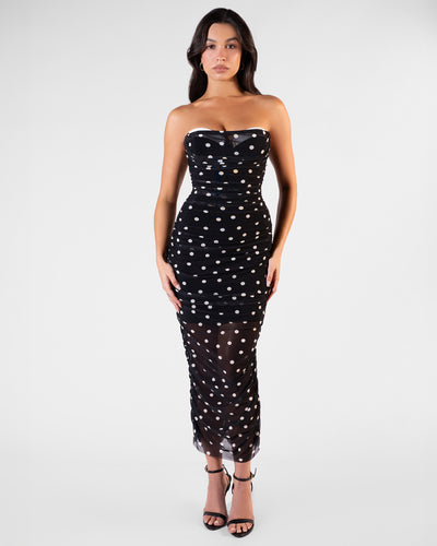 Model wearing Sweetie Mesh Column Dress - Dot Black/White full body view with straps off 