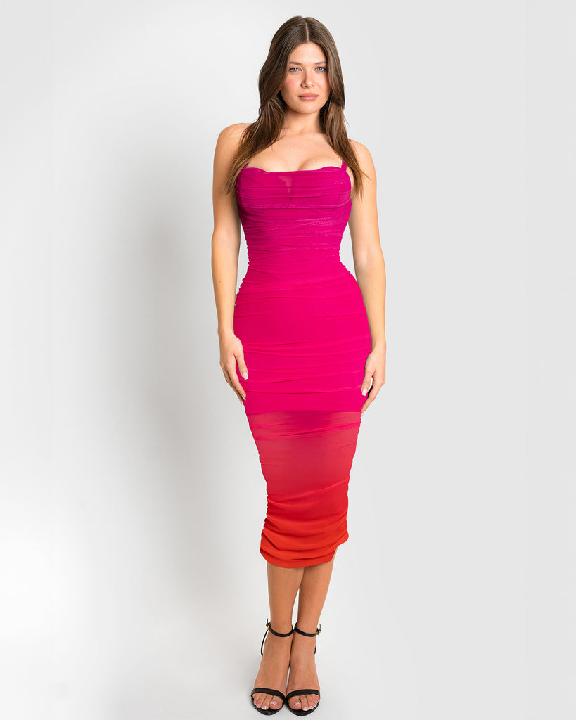 Model wears Sweetie Mesh Column Midi Shapewear Dress - Sunset Ombre front view