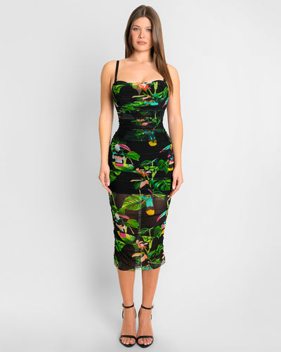 Model wears Sweetie Mesh Column Midi Shapewear Dress - Toucan full front view