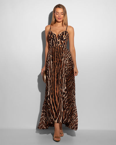 Model Wears Vixen Corset Front Slit Shapewear Maxi Dress - Pilates Cat Full Front View