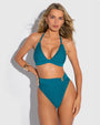 Model wears Brazilian Ring Kini Bottom - Wavy Oceana Bikini Shapewear front view
